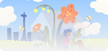 Decorative cartoonized image of flowers with a Toronto city background.