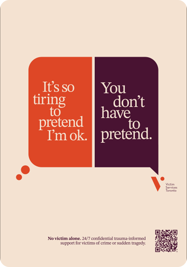 Poster image of No Victim Alone, 24/7 trauma-informed support for victims of crime or sudden tragedy provided by Victim Services Toronto.